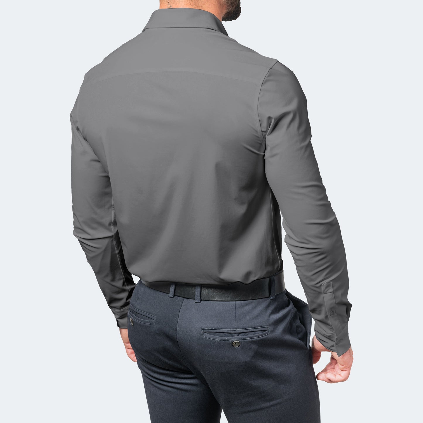 Men's gray long-sleeve button-up shirt with back yoke and button cuffs