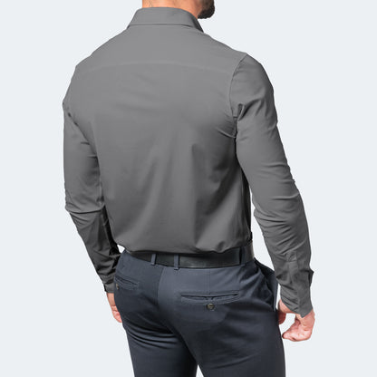 Men's gray long-sleeve button-up shirt with back yoke and button cuffs
