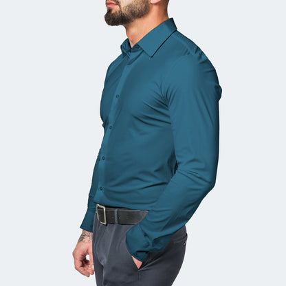 Men's teal long-sleeve button-up shirt with spread collar and button cuffs