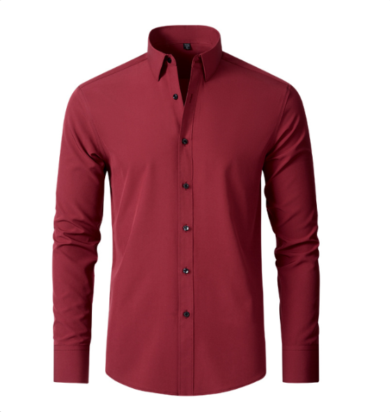 Men's burgundy long-sleeve button-up shirt with spread collar and button front