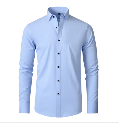 Men's light blue long-sleeve button-up shirt with spread collar and button front