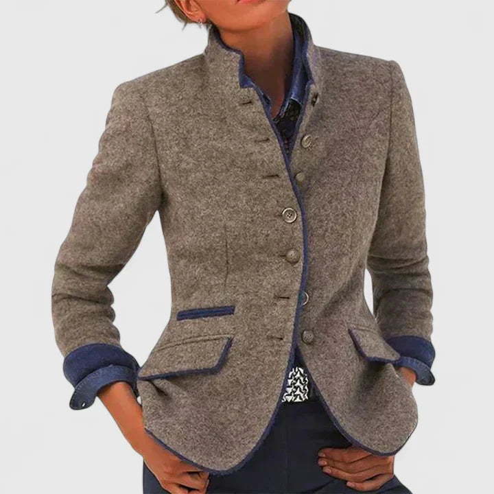 Tailored button cardigan in dark caramel heather with notched collar, long sleeves, patch pockets