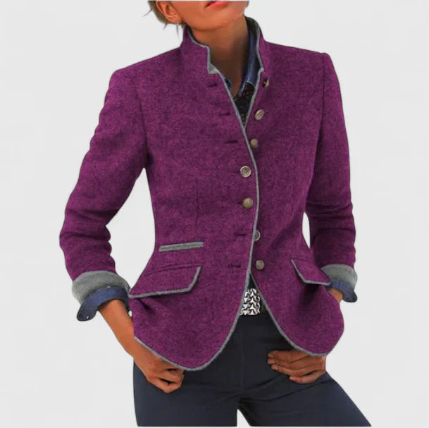 Tailored button cardigan in purple heather with notched collar, long sleeves, patch pockets