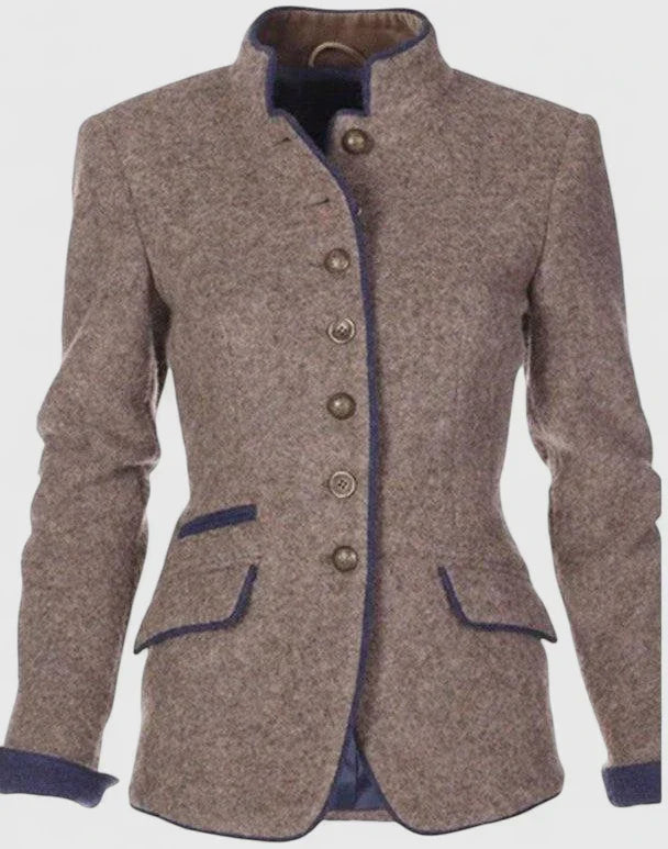 Tailored button cardigan in caramel heather with button front and notched collar, patch pockets