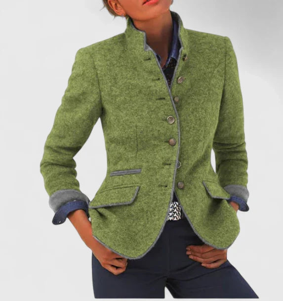Tailored button cardigan in green heather with button front, notched collar, patch pockets
