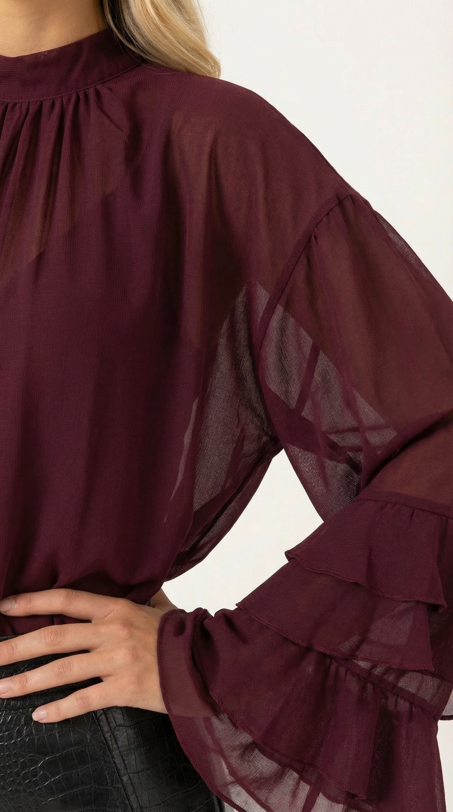 Burgundy sheer high-neck blouse with gathered yoke and layered sleeve ruffles