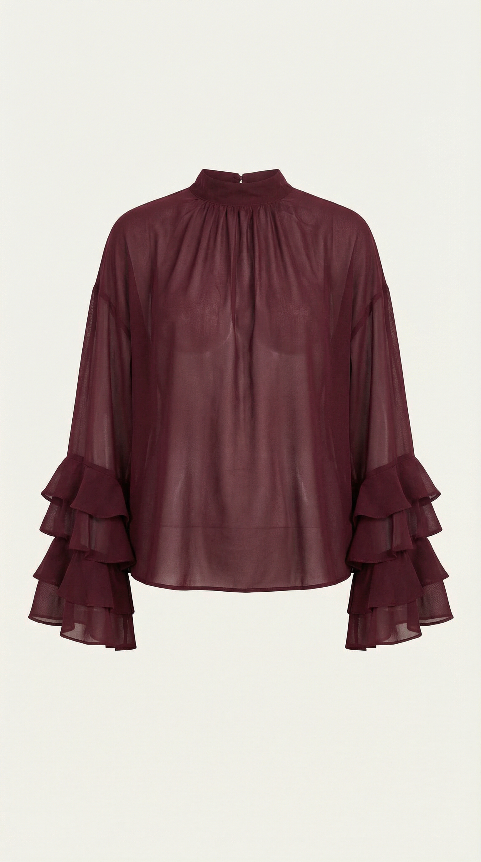 Burgundy high-neck sheer blouse with layered ruffle sleeves