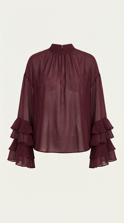 Burgundy high-neck sheer blouse with layered ruffle sleeves