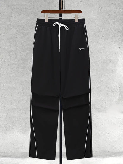 Men's black wide-leg trousers with white side stripe and drawstring waist