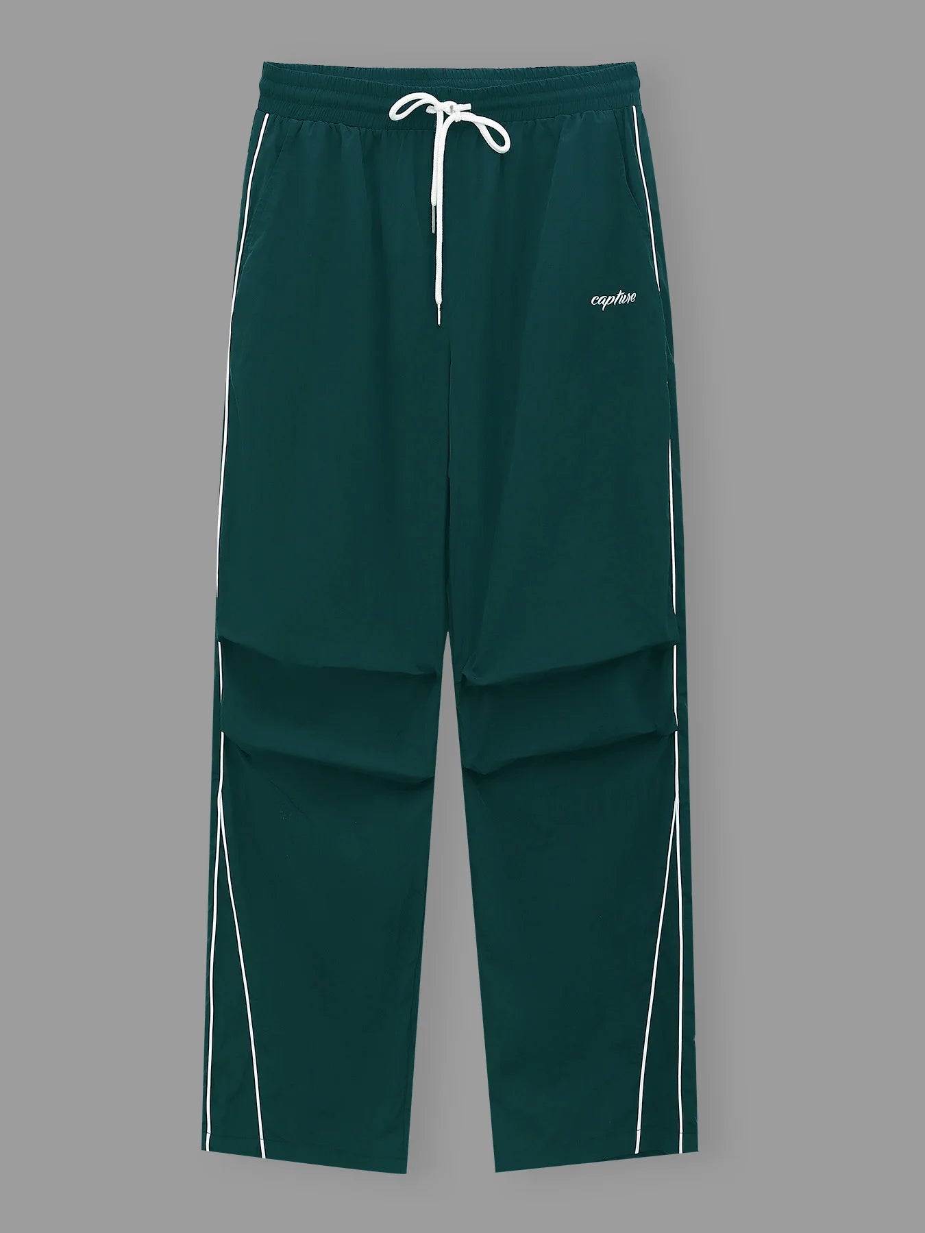 Men's teal green wide-leg trousers with white side stripe and drawstring waist