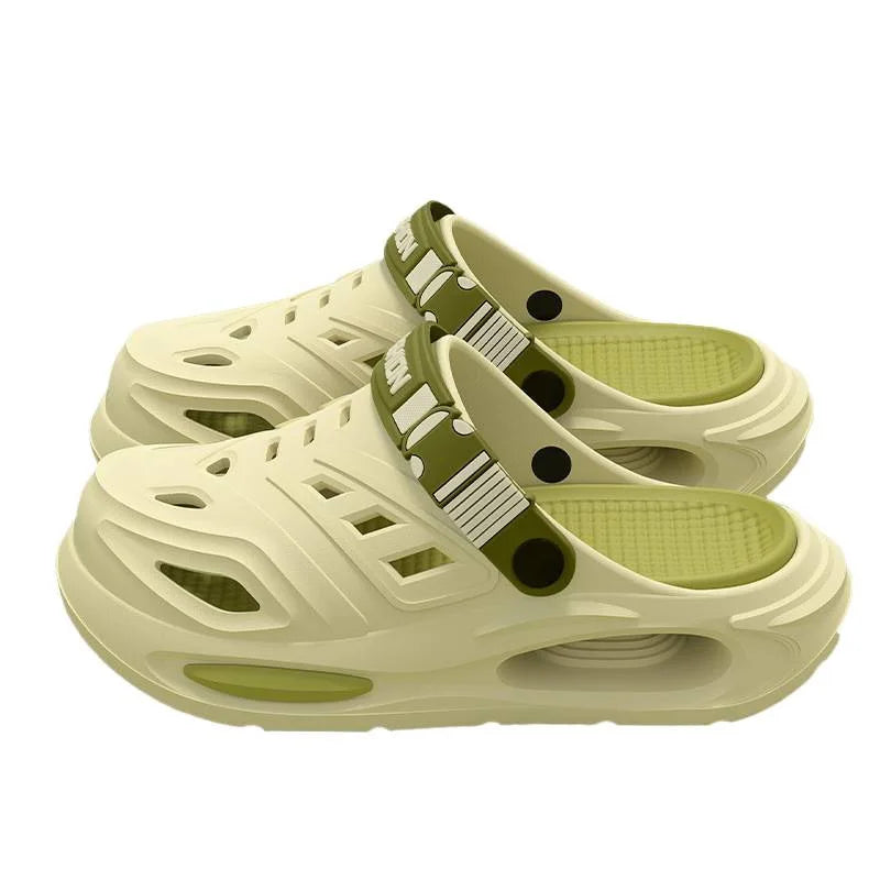 Green and cream arch-support clogs with thick sole and ventilation holes