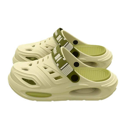 Green and cream arch-support clogs with thick sole and ventilation holes