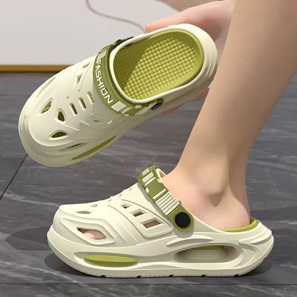 Cream and green anti-slip clogs with thick sole and ventilated cutouts