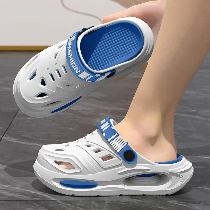 White and blue anti-slip clogs with thick sole and vented upper