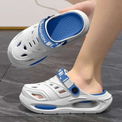 White and blue anti-slip clogs with thick sole and vented upper