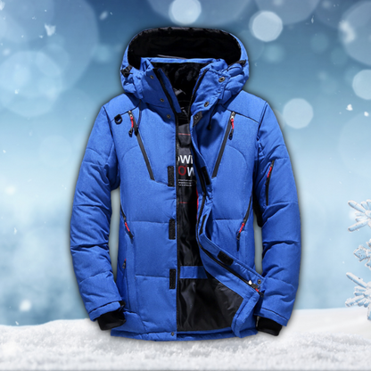 Men's rainproof winter parka, blue with hood, front zipper, storm flap, side pockets