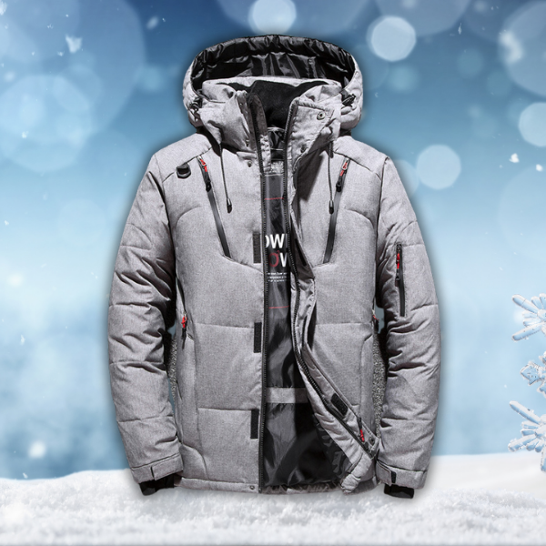 Men's rainproof winter parka, grey with hood, front zipper, storm flap, side pockets