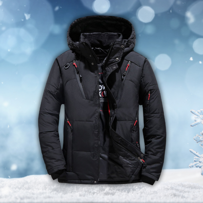 Men's rainproof winter parka, black with hood, front zipper, storm flap, side pockets