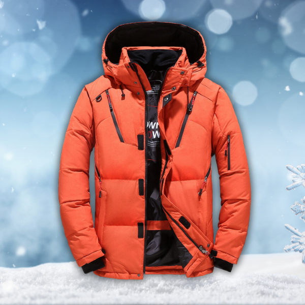 Men's rainproof winter parka, orange with hood, front zipper, storm flap, side pockets