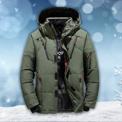 Men's rainproof winter parka, green hooded winter jacket with front zipper and storm flap