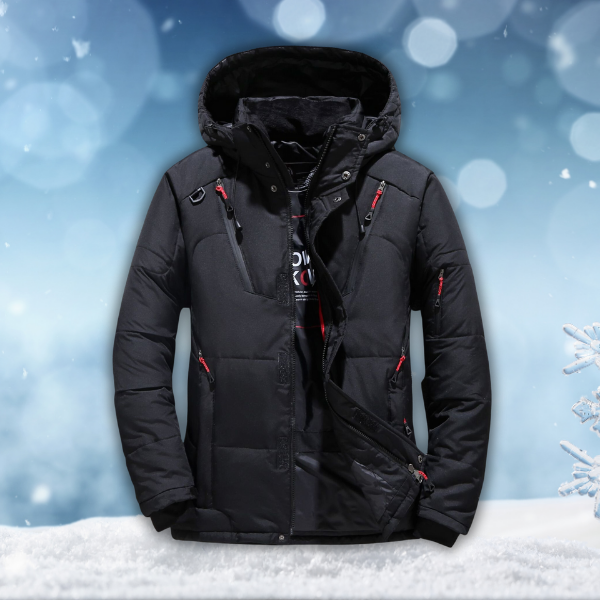 Men's rainproof winter parka, black hooded winter jacket with front zipper and storm flap
