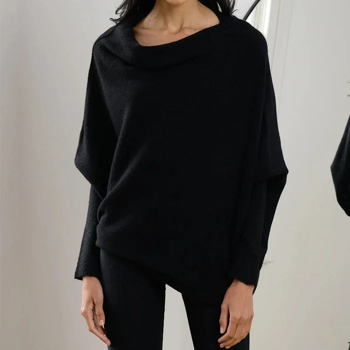 Black asymmetric draped sweater with wide neckline and long sleeves, relaxed fit