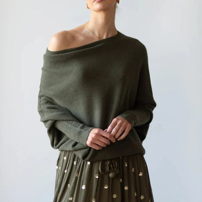 Olive green asymmetric draped sweater with off-shoulder neckline, long sleeves