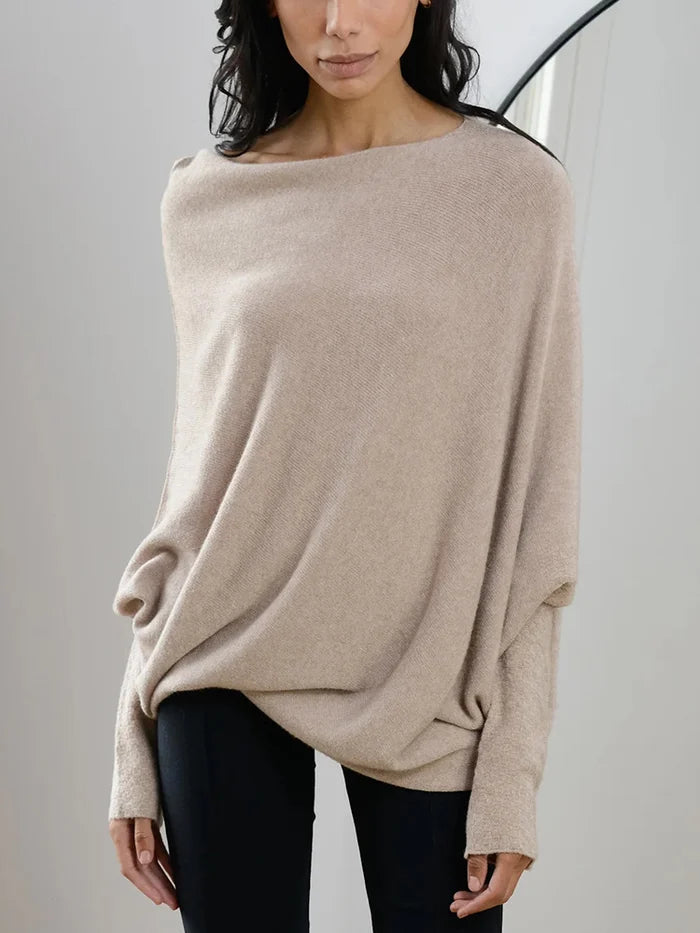 Beige asymmetric draped sweater with one-shoulder neckline, long sleeves