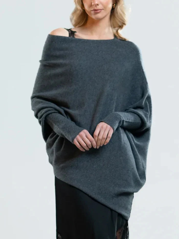 Charcoal grey asymmetric draped sweater with off-shoulder neckline, long sleeves