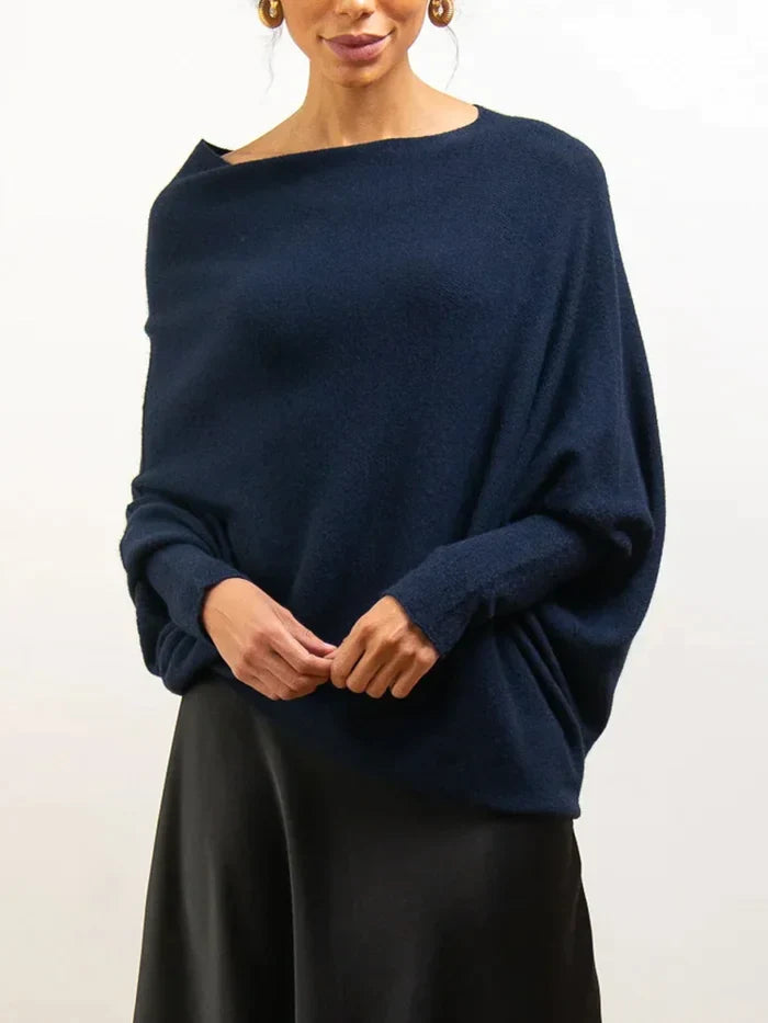 Navy asymmetric draped sweater with one-shoulder neckline, long sleeves