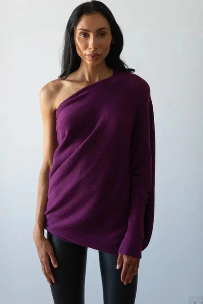 Deep purple asymmetric draped sweater with one-shoulder neckline, long sleeves