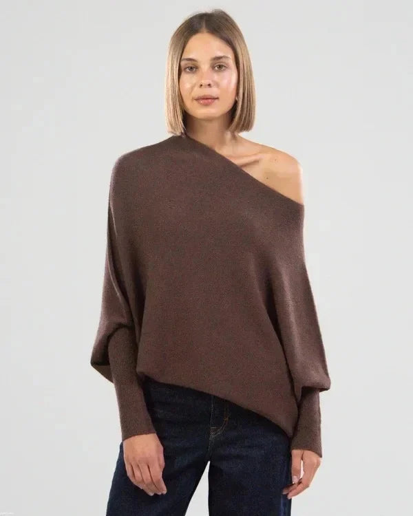 Chocolate brown asymmetric draped sweater with one-shoulder neckline, batwing sleeves