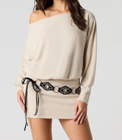 Beige Off-Shoulder Long Sleeve Mini Dress