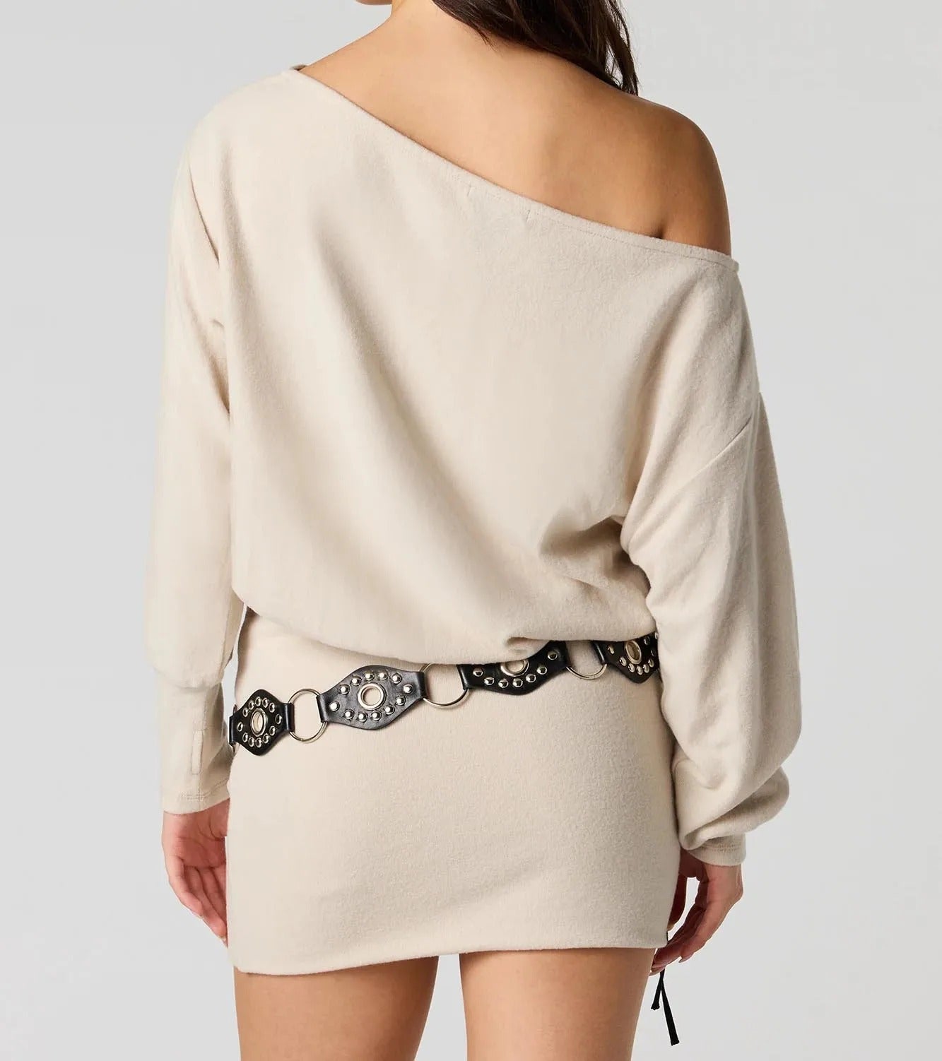 Beige Off-Shoulder Long Sleeve Mini Dress
