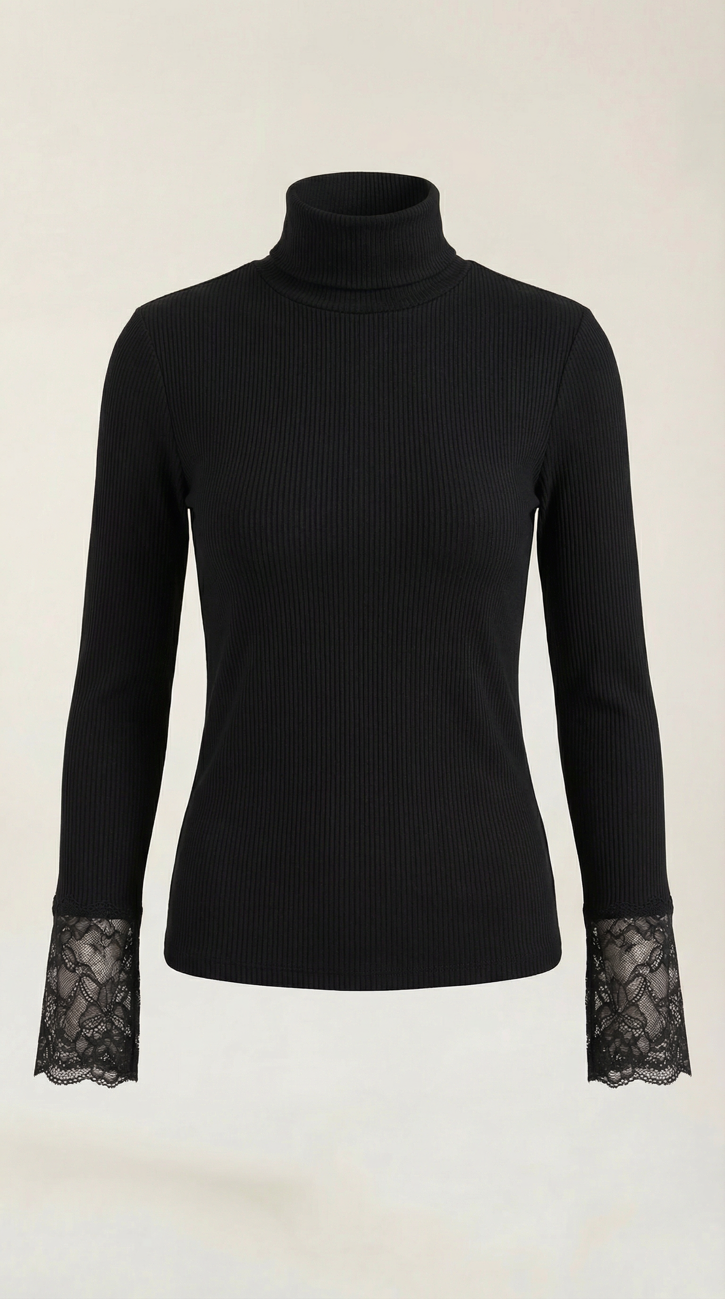 Black ribbed turtleneck top with lace cuffs at hem of long sleeves