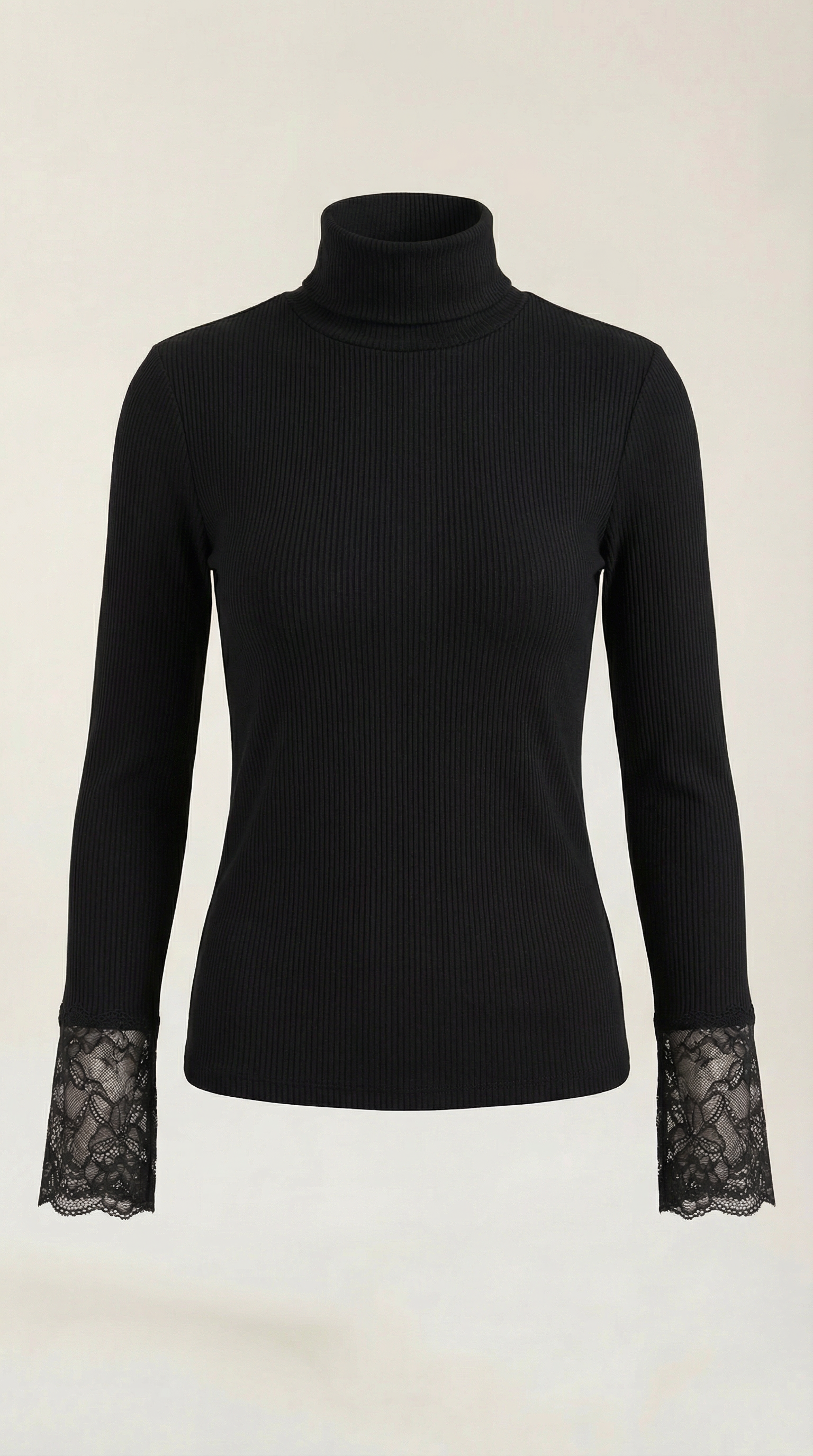 Black ribbed turtleneck top with lace cuffs at hem of long sleeves