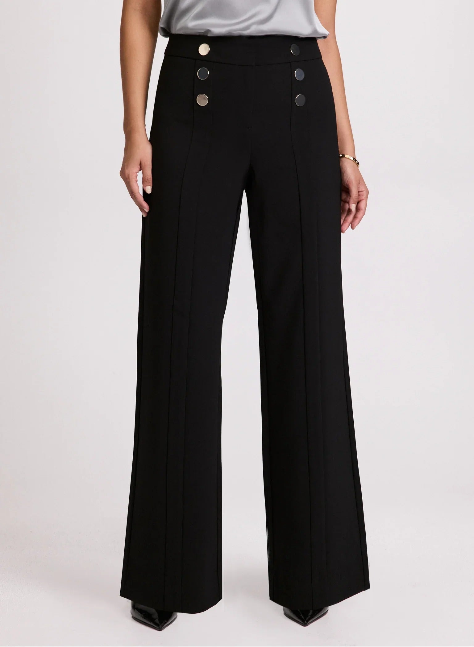 Black High-Waist Wide-Leg Trousers with Button Details