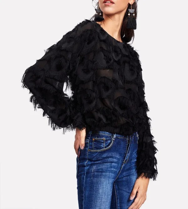 Black Long Sleeve Textured Sheer Blouse