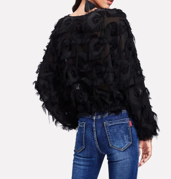 Black Long Sleeve Textured Sheer Blouse
