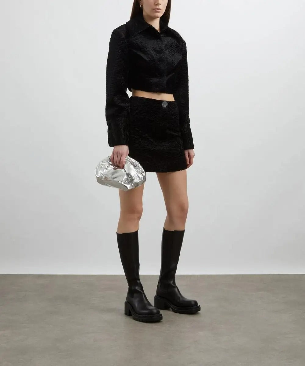 Black Textured Mini Skirt with Button Detail