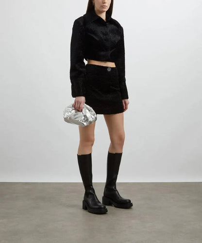 Black Textured Mini Skirt with Button Detail