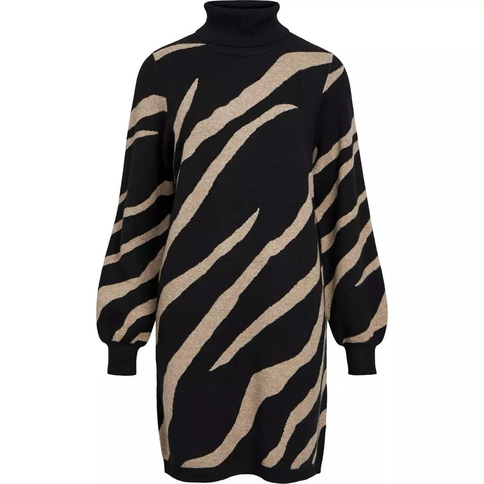 Black and Beige Zebra Pattern Turtleneck Knit Dress