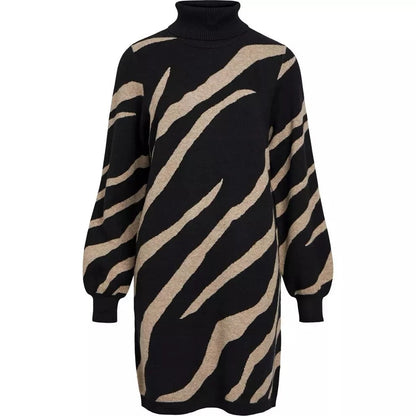 Black and Beige Zebra Pattern Turtleneck Knit Dress