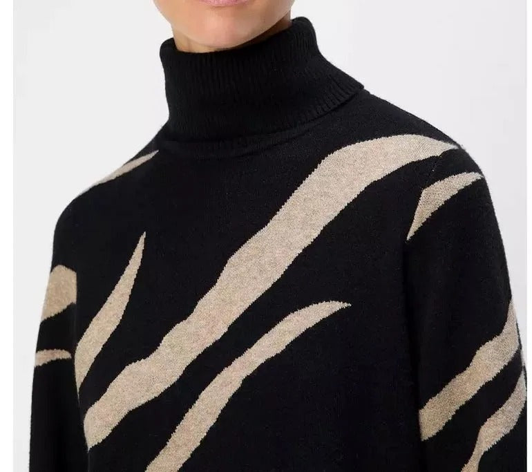 Black and Beige Zebra Pattern Turtleneck Knit Dress