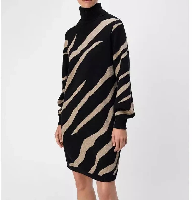 Black and Beige Zebra Pattern Turtleneck Knit Dress