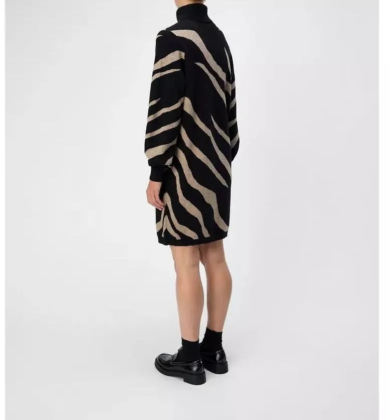 Black and Beige Zebra Pattern Turtleneck Knit Dress