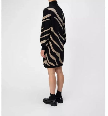 Black and Beige Zebra Pattern Turtleneck Knit Dress