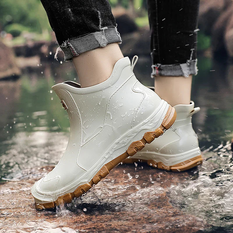 Men's waterproof light beige ankle boots with side stitch and brown tread outsole