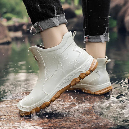 Men's waterproof light beige ankle boots with side stitch and brown tread outsole