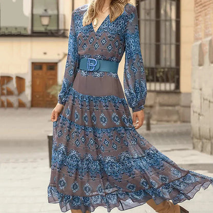 Long-sleeve boho tiered maxi dress in blue with diamond print and tan waist belt
